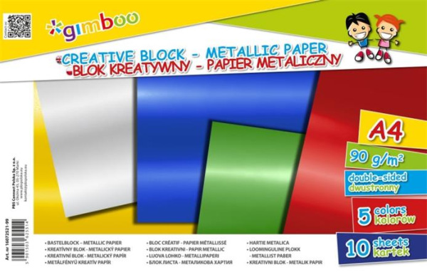 . Farebný papier, A4, 90 g, 10 lap,"Gimboo", 5 rôznych kovových farieb