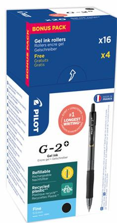 Gélové pero, 0,25 mm, stláčací mechanizmus, PILOT "G-2", 20 ks, čierne