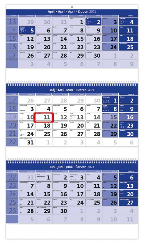 Trojmesačný kalendár modrý so špirálou a s menným kalendáriom