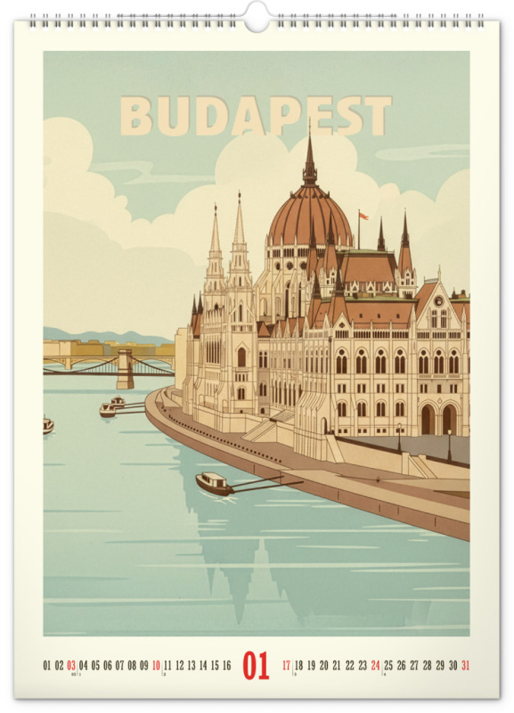 NOTIQUE Nástenný kalendár Vintage plagáty – svetové mestá 2027, 33 x 46 cm 1