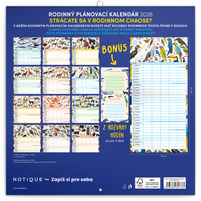 NOTIQUE Rodinný plánovací kalendár Animalium 2026, 30 x 30 cm 14