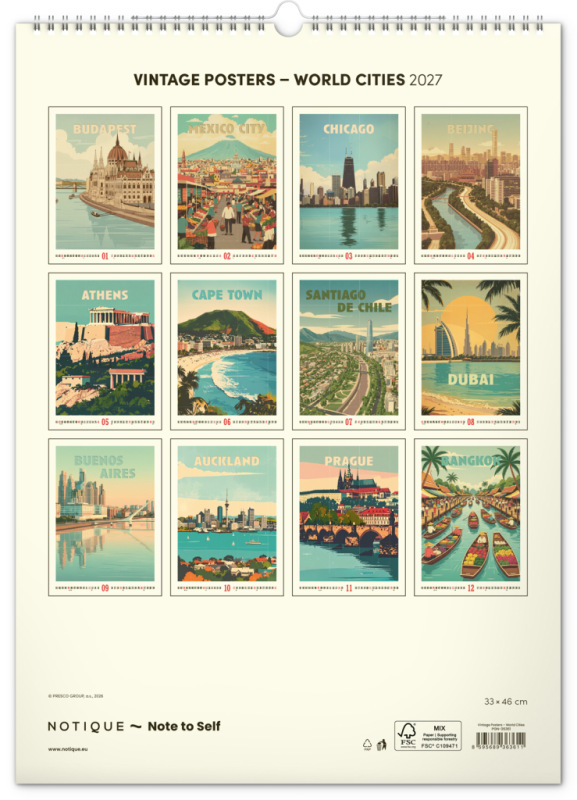 NOTIQUE Nástenný kalendár Vintage plagáty – svetové mestá 2027, 33 x 46 cm 13