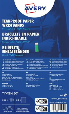 Identifikačný náramok, odolný proti roztrhnutiu,, 265x19 mm, AVERY ZWECKFORM "Tyvek", zele