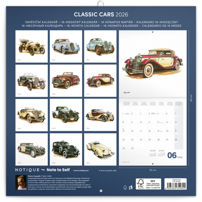 NOTIQUE Poznámkový kalendár Classic Cars – Václav Zapadlík 2026, 30 x 30 cm 14
