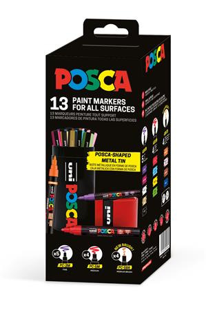 Dekoračný popisovač, sada, v kovovej krabičke, UNI "Posca", 13 rôznych farieb 1