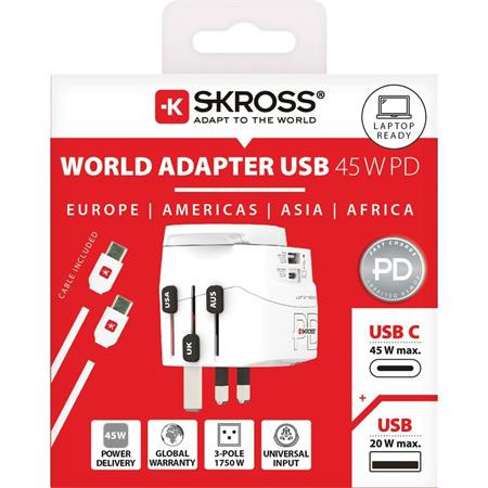 Adaptér pre svetových cestovateľov, 1xUSB-A, 1xUSB-C PD, 45W, USB-C kábel, SKROSS 4