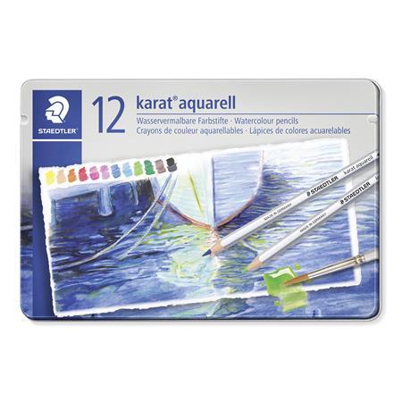 Akvarelové ceruzky, plechová krabička, STAEDTLER "Karat", 12 rôznych farieb