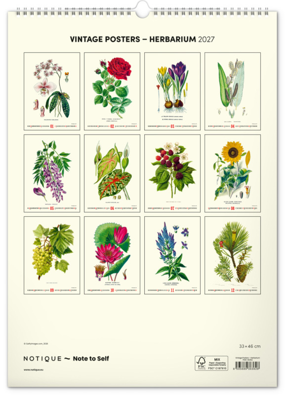 NOTIQUE Nástenný kalendár Vintage plagáty – herbár 2027, 33 x 46 cm 13