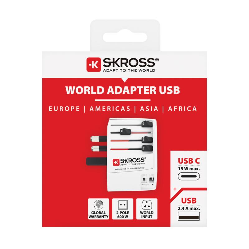 Cestovný adaptér SKROSS World MUV 2-pole s USB A a C biela 5