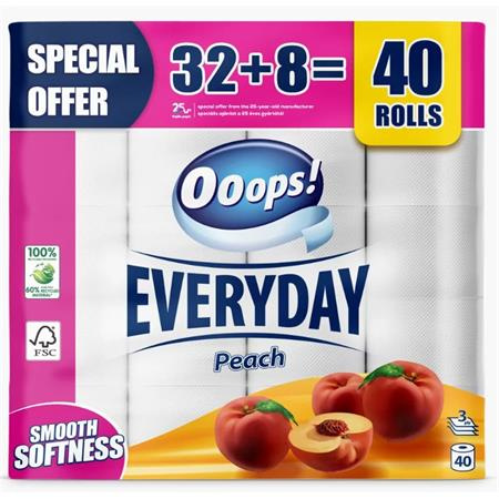 Toaletný papier, 3-vrstvový, malý kotúč, 32+8 kotúčov, OOOPS "Classic", broskyňa 1