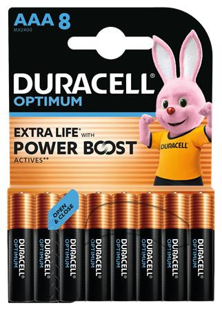 Batéria, AAA mikrotužková, 8 ks, bez plastu, DURACELL „Optimum“