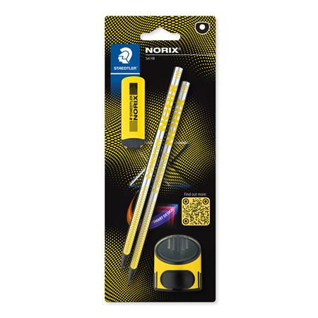 Sada grafitových ceruziek so strúhadlom a gumou, tvrdosť HB, STAEDTLER "Norix® 181", žltá