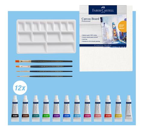Akrylové farby, sada, s maliarskym plátnom, v tubusoch, FABER-CASTELL "Creative Studio", 1 2
