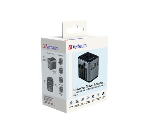 Cestovný adaptér, univerzálny, USB-A(QC 3.0)/USB-C(PD30W)2xUSB, VERBATIM "UTA-03"