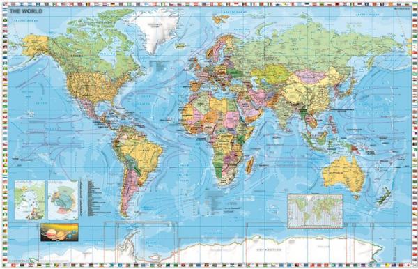 Nástenná mapa, 136x96 cm, kovová lišta, Krajiny sveta, STIEFEL