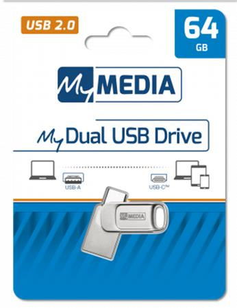 USB kľúč, 64GB, USB 2.0 + USB-C, hliníkový kryt, MYMEDIA "Dual" (by VERBATIM) 1