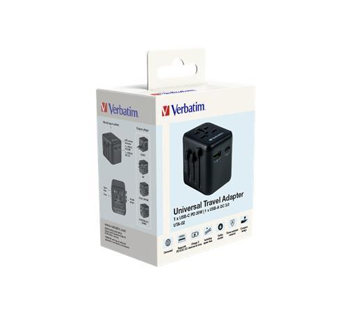 Cestovný adaptér, univerzálny, USB-A(QC 3.0)/USB-C(PD20W)2xUSB, VERBATIM "UTA-02"