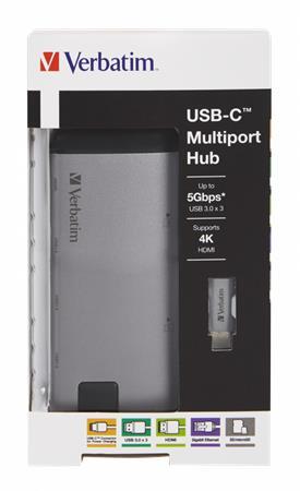VERBATIM USB ethernetový sieťový adaptér s USB hubom, čítačka na SD karty, 4 porty, USB 3.0, USB-C,