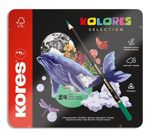 Farebné ceruzky, sada, trojhranné, kovová krabica, KORES "Kolores Selection", 24 rôznych f