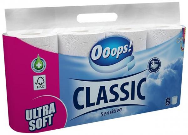 . Toaletný papier, 3-vrstvový, 8 kotúčov, "Ooops! Classic", sensitive