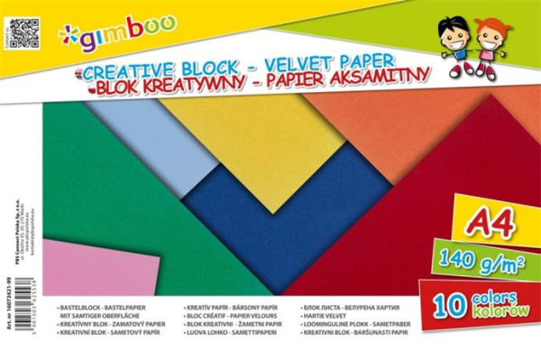 . Farebný zamatový papier, A4, 140 g, 10 listov, "Gimboo", 10 rôznych farieb 1