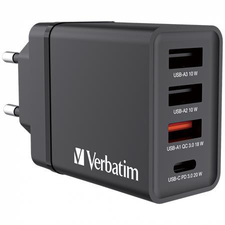 Sieťová nabíjačka, 1xUSB-C PD (20W), USB-A QC 3.0, 2xUSB-A (10W), VERBATIM, čierna