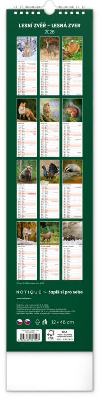 NOTIQUE Nástenný kalendár Lesní zvěř – Lesná zver CZ/SK 2026, 12 x 48 cm 13