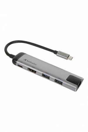 USB ethernetový sieťový adaptér s USB hubom, 4 porty, USB 3.0, USB-C, HDMI, VERBATIM