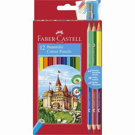Farebné ceruzky, sada, šesťhranné, FABER-CASTELL, 12 rôznych farieb + 3 ks bicolor ceruzie