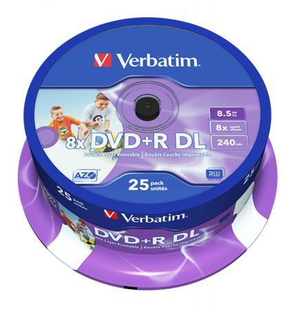 DVD+R disk, dvojvrstvový, potlačiteľný, no-ID, 8,5GB, 8x, 25 ks, cake box, VERBATIM "Doubl