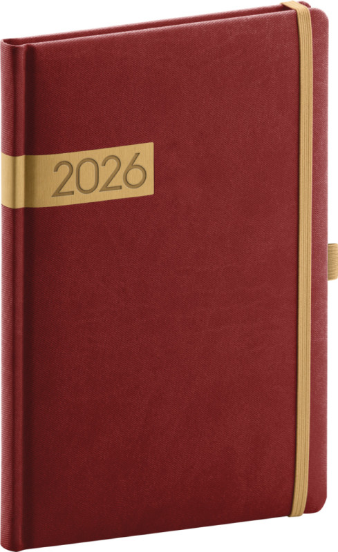 NOTIQUE Týždenný diár Twill 2026, bordó-zlatý, 15 x 21 cm