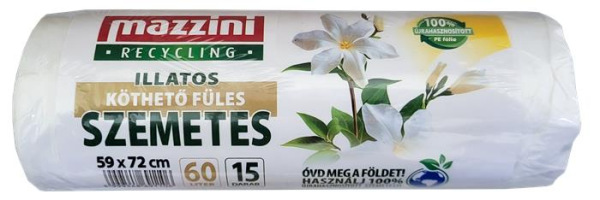 Vrecia na odpadky, recyklované, s uškom, parfumované, 60 l, 15 ks, 59x72 cm, 13 µ, MAZZINI 1