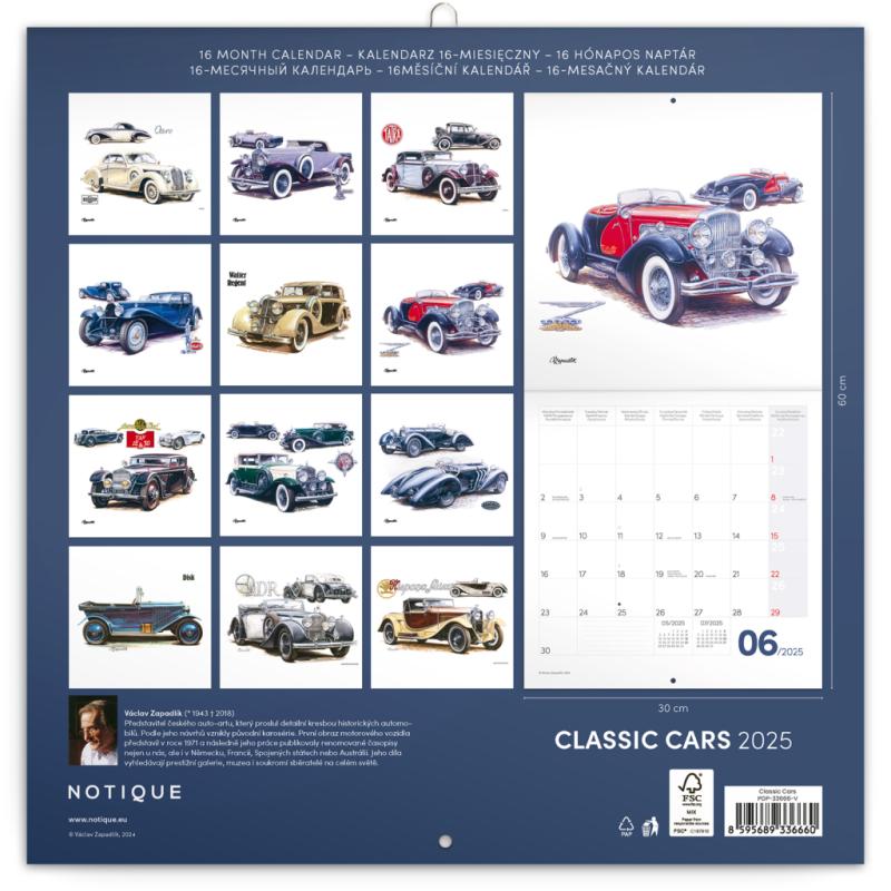 NOTIQUE Poznámkový kalendár Classic Cars – Václav Zapadlík, 2025, 30 x 30 cm