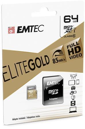 Pamäťová karta, microSDXC, 64GB, UHS-I/U1, 85/20 MB/s, adaptér, EMTEC "Elite Gold"