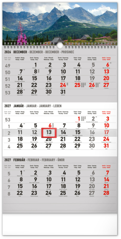 NOTIQUE Nástenný kalendár 3-mesačný Krajina sivý – so slovenskými menami 2027, 29,5 x 43 c