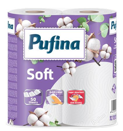 Papierové utierky, 2-vrstvové, 50 listov, 2 kotúče, PUFINA "Soft"