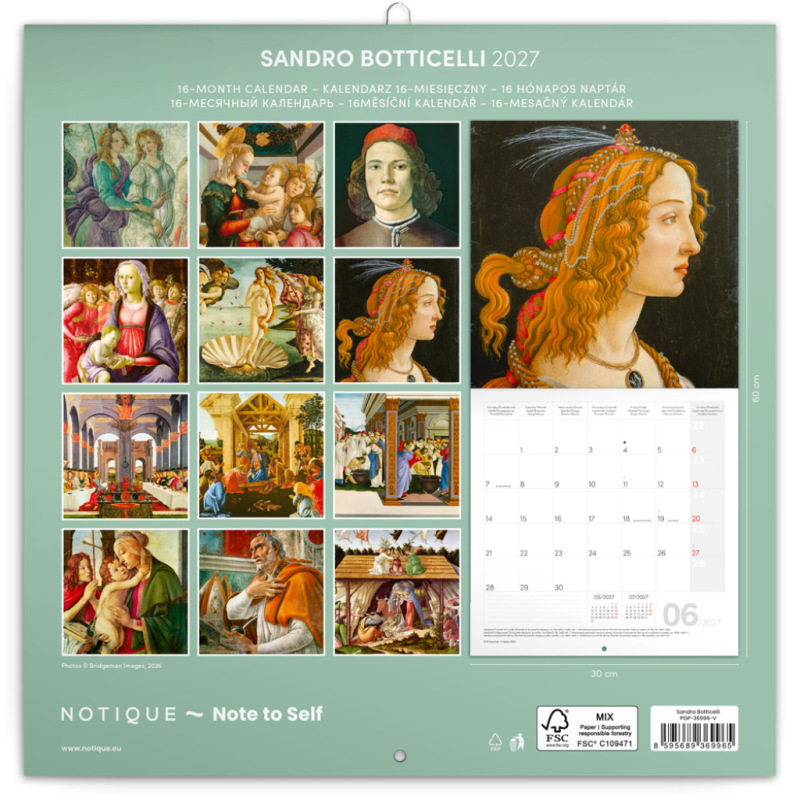 NOTIQUE Poznámkový kalendár Sandro Botticelli 2027, 30 x 30 cm 14