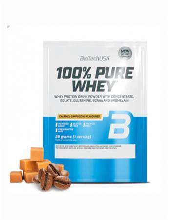 Srvátkový proteínový prášok, 28g, BIOTECH USA "100% Pure Whey", karamel-cappuccino