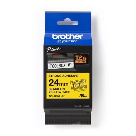 Páska do štítkovača, silné lepenie, 24 mm x 8 m, BROTHER, žltá-čierna