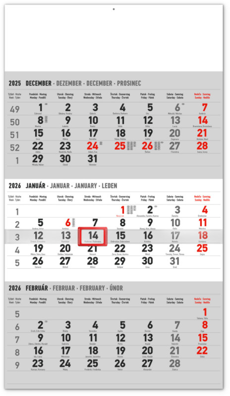 NOTIQUE Nástenný kalendár 3-mesačný štandard sivý – so slovenskými menami 2026, 29,5 x 43