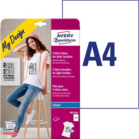 Nažehľovacia fólia, A4, do atramentových tlačiarní, na svetlý textil, AVERY ZWECKFORM 1
