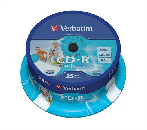 CD-R disk, potlačiteľný, matný, ID, AZO, 700MB, 52x, 25 ks, cake box, VERBATIM