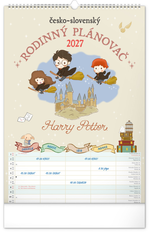 NOTIQUE Nástenný kalendár Rodinný plánovací Harry Potter XL CZ/SK 2027, 33 x 46 cm