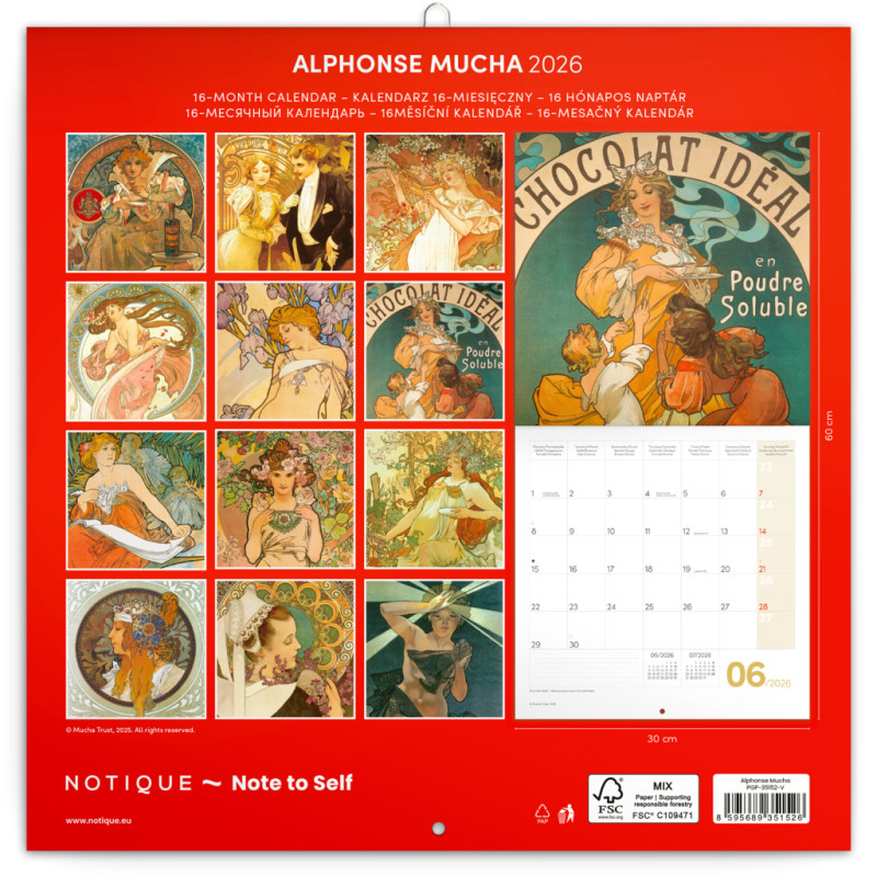 NOTIQUE Poznámkový kalendár Alfons Mucha 2026, 30 x 30 cm 14