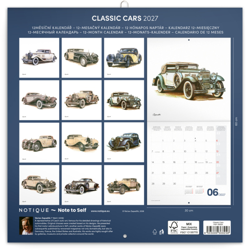 NOTIQUE Poznámkový kalendár Classic Cars – Václav Zapadlík 2027, PLASTIC FREE, 30 x 30 cm 14
